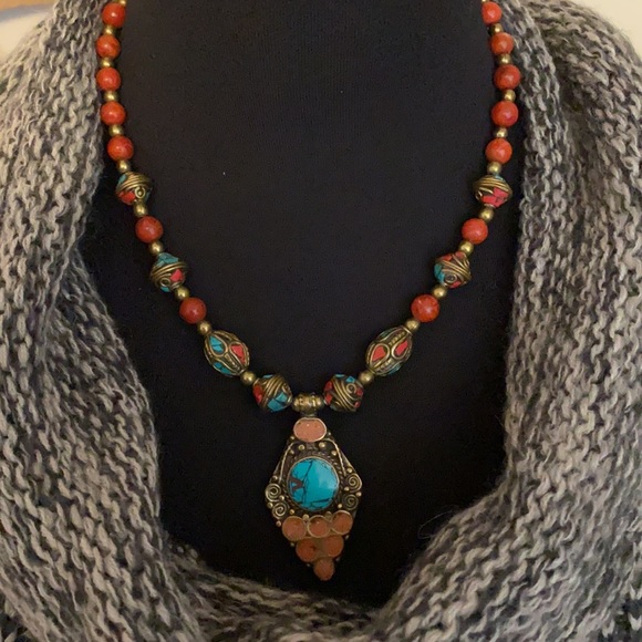 . Vintage Brass Pendent Necklace - Carnelian and Turquoise Beaded Necklace - Picture 2 of 7